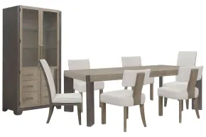 Pulaski Furniture P402240-KIT71 Pulaski Furniture P402240-KIT71 Anderson Park - Leg Dining Table With 4 Klismos Dining Chairs, 2 Upholstered Side Chairs And China Cabinet - Moose Trail / Frontier Brown