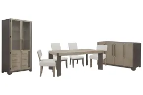 Pulaski Furniture P402240-KIT60 Pulaski Furniture P402240-KIT60 Anderson Park - Leg Dining Table With 2 Klismos Dining Chairs, 2 Upholstered Side Chairs, Sideboard And China Cabinet - Moose Trail / Frontier Brown
