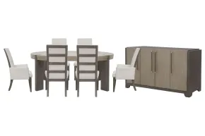 Pulaski Furniture P402230-KIT50 Pulaski Furniture P402230-KIT50 Anderson Park - Round Dining Table With 4 Upholstered Side Chairs, 2 Upholstered Arm Chairs And Sideboard - Moose Trail / Frontier Brown