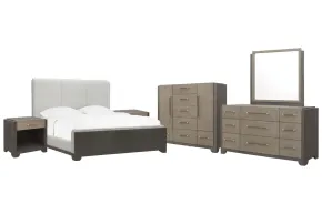 Pulaski Furniture P402-BR-K3-KIT11 Pulaski Furniture P402-BR-K3-KIT11 Anderson Park - King Upholstered Panel Bed, 2 Open Nightstands, Drawer Dresser With Mirror And Master Chest - Moose Trail / Frontier Brown