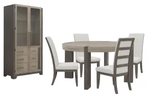 Pulaski Furniture P402230-KIT7 Pulaski Furniture P402230-KIT7 Anderson Park - Round Dining Table With 4 Upholstered Side Chairs And China Cabinet - Moose Trail / Frontier Brown