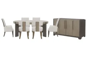 Pulaski Furniture P402230-KIT42 Pulaski Furniture P402230-KIT42 Anderson Park - Round Dining Table With 4 Klismos Dining Chairs, 2 Upholstered Arm Chairs And Sideboard - Moose Trail / Frontier Brown