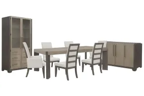 Pulaski Furniture P402240-KIT96 Pulaski Furniture P402240-KIT96 Anderson Park - Leg Dining Table With 4 Upholstered Side Chairs, 2 Upholstered Arm Chairs, Sideboard And China Cabinet - Moose Trail / Frontier Brown