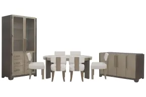 Pulaski Furniture P402230-KIT20 Pulaski Furniture P402230-KIT20 Anderson Park - Round Dining Table With 6 Klismos Dining Chairs, Sideboard And China Cabinet - Moose Trail / Frontier Brown