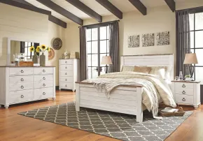 Ashley Furniture B267/31/36/57/54/98/92(2) Ashley Furniture B267/31/36/57/54/98/92(2) Willowton - 7 Pc. - Dresser, Mirror, Queen Panel Bed, 2 Nightstands - Whitewash