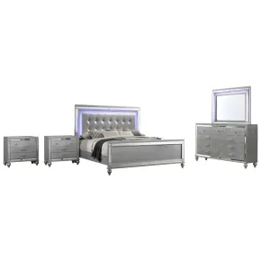 New Classic 02-9698S-15N Valentino - 6/6 Eastern King 5 Piece Bedroom Set (Bed & Dresser & Mirror & 2 Nightstands) - Silver