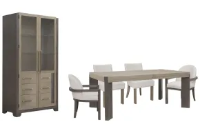 Pulaski Furniture P402240-KIT55 Pulaski Furniture P402240-KIT55 Anderson Park - Leg Dining Table With 2 Klismos Dining Chairs, 2 Host Chairs And China Cabinet - Moose Trail / Frontier Brown