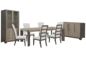 Pulaski Furniture P402240-KIT24 Pulaski Furniture P402240-KIT24 Anderson Park - Leg Dining Table With 6 Upholstered Side Chairs, Sideboard And China Cabinet - Moose Trail / Frontier Brown