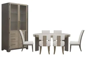 Pulaski Furniture P402230-KIT63 Pulaski Furniture P402230-KIT63 Anderson Park - Round Dining Table With 4 Klismos Dining Chairs, 2 Upholstered Side Chairs And China Cabinet - Moose Trail / Frontier Brown