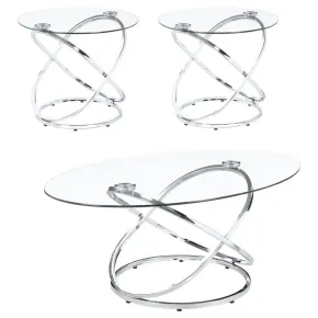 CoasterEssence 722373 Warren - 3 Piece Oval Glass Top Coffee Table Set - Chrome