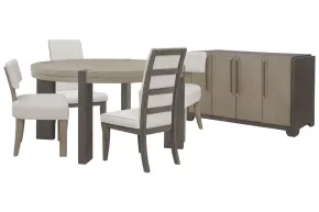 Pulaski Furniture P402230-KIT58 Pulaski Furniture P402230-KIT58 Anderson Park - Round Dining Table With 2 Klismos Dining Chairs, 2 Upholstered Side Chairs And Sideboard - Moose Trail / Frontier Brown