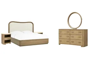Pulaski Furniture BP432-170QN-KIT8 Pulaski Furniture BP432-170QN-KIT8 Leeza - Queen Upholstered Panel Bed, 2 Accent Nightstands And Drawer Dresser With Landscape Mirror - Brown