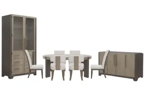 Pulaski Furniture P402230-KIT64 Pulaski Furniture P402230-KIT64 Anderson Park - Round Dining Table With 4 Klismos Dining Chairs, 2 Upholstered Side Chairs, Sideboard And China Cabinet - Moose Trail / Frontier Brown