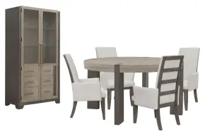 Pulaski Furniture P402230-KIT11 Pulaski Furniture P402230-KIT11 Anderson Park - Round Dining Table With 4 Upholstered Arm Chairs And China Cabinet - Moose Trail / Frontier Brown