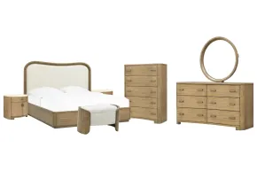 Pulaski Furniture BP432-170QN-KIT26 Pulaski Furniture BP432-170QN-KIT26 Leeza - Queen Upholstered Panel Bed, 2 Bachelor Chests, Drawer Dresser With Mirror, Drawer Chest And Bench - Brown
