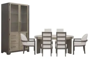 Pulaski Furniture P402230-KIT55 Pulaski Furniture P402230-KIT55 Anderson Park - Round Dining Table With 4 Upholstered Side Chairs, 2 Host Chairs And China Cabinet - Moose Trail / Frontier Brown