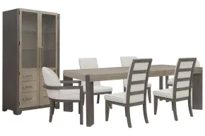 Pulaski Furniture P402240-KIT99 Pulaski Furniture P402240-KIT99 Anderson Park - Leg Dining Table With 4 Upholstered Side Chairs, 2 Host Chairs And China Cabinet - Moose Trail / Frontier Brown