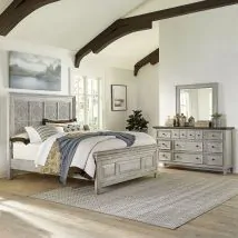 Liberty Furniture 824-BR-OKPBDM Liberty Furniture 824-BR-OKPBDM Heartland - 3 Piece Bedroom Set (King Panel Bed, Dresser & Mirror) - Antique White / Tobacco Tops