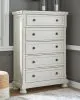 Ashley Furniture B742/31/36/46/58/56/94/92(2) Ashley Furniture B742/31/36/46/58/56/94/92(2) Robbinsdale - 8 Pc. - Dresser, Mirror, Chest, California King Panel Bed, 2 Nightstands - Antique White