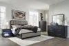Ashley Furniture B821/31/36/58/56/91(2) Ashley Furniture B821/31/36/58/56/91(2) Rowanbeck - 6 Pc. - Dresser, Mirror, King Upholstered Panel Bed, 2 Nightstands - Gray / Black