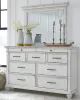 Benchcraft® B777/31/36/58/56S/97 Benchcraft® B777/31/36/58/56S/97 Kanwyn - 5 Pc. - Dresser, Mirror, King Panel Bed with Storage Bench - Whitewash