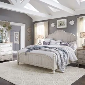 Liberty Furniture 652-BR-KPSDMN Liberty Furniture 652-BR-KPSDMN Farmhouse Reimagined - 4 Piece Bedroom Set (King Poster Bed, Dresser & Mirror, Nightstand) - Antique White / Chestnut Tops