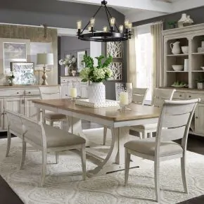 Liberty Furniture 652-DR-O6TRS Liberty Furniture 652-DR-O6TRS Farmhouse Reimagined - 6 Piece Trestle Table Set (Ladder-Back Upholstered Chairs) - Antique White / Chestnut Tops