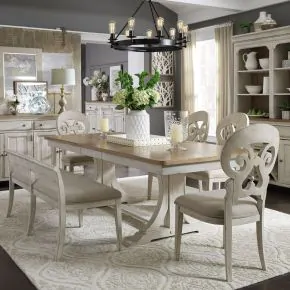 Liberty Furniture 652-DR-6TRS Liberty Furniture 652-DR-6TRS Farmhouse Reimagined - 6 Piece Trestle Table Set - Antique White / Chestnut Tops
