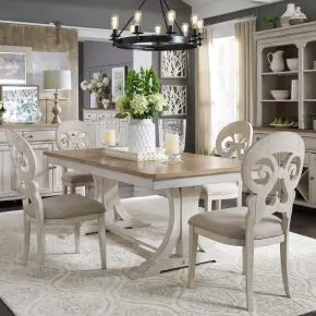 Liberty Furniture 652-DR-5TRS Farmhouse Reimagined - 5 Piece Trestle Table Set - Antique White / Chestnut Tops