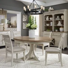 Liberty Furniture 652-DR-O5PDS Farmhouse Reimagined - 5 Piece Pedestal Table Set (Ladder-Back Upholstered Chairs) - Antique White / Chestnut Tops